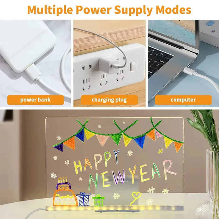 LED Acrylic Drawing Board DIY Erasable Luminous Writing Boards with Stand and 7Colors Pen USB Plug Message Board with NightLight