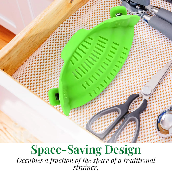 Multi-Purpose Clip-On Silicone Pot Strainer for Pasta, Noodles & Vegetables.