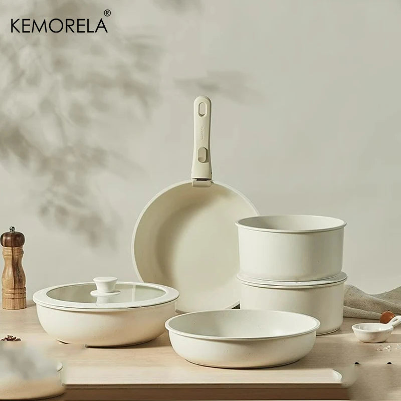 KEMORELA 3/5PCS Nonstick Cookware Set with Removable Handle – Induction & RV Compatible