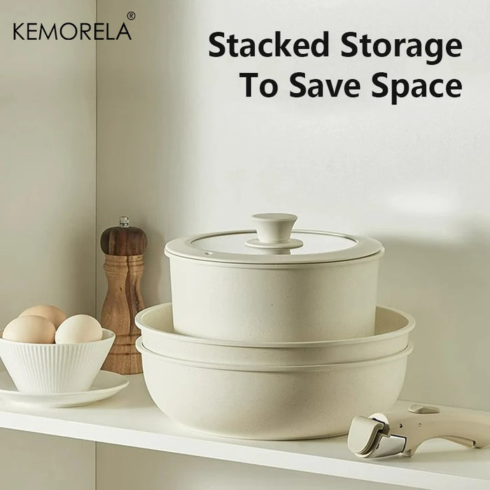 KEMORELA 3/5PCS Nonstick Cookware Set with Removable Handle – Induction & RV Compatible