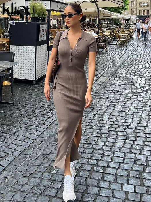 Solid Fashion Turn-Down Collar Midi/Maxi Dress