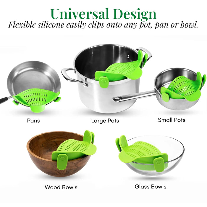 Multi-Purpose Clip-On Silicone Pot Strainer for Pasta, Noodles & Vegetables.