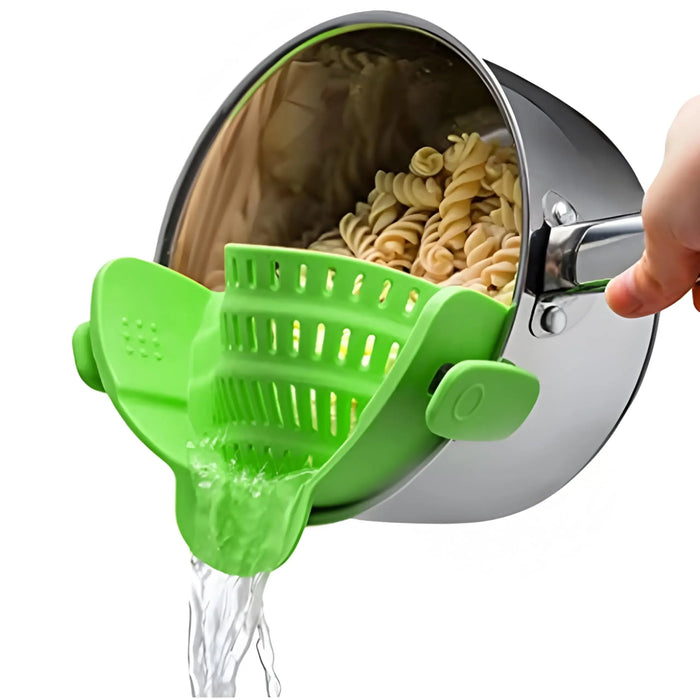 Multi-Purpose Clip-On Silicone Pot Strainer for Pasta, Noodles & Vegetables.