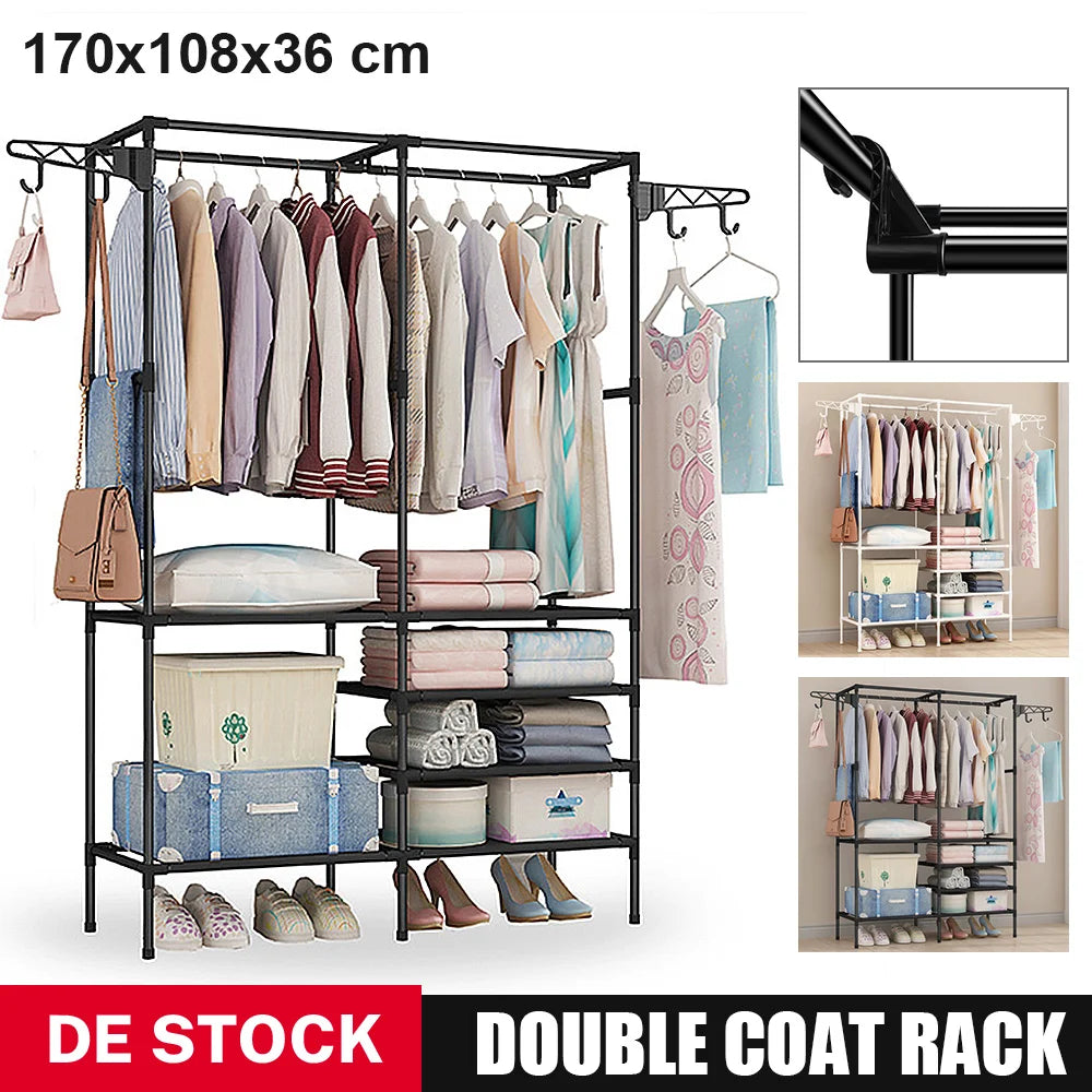 “Double-Rod Clothes Rack with Hooks”