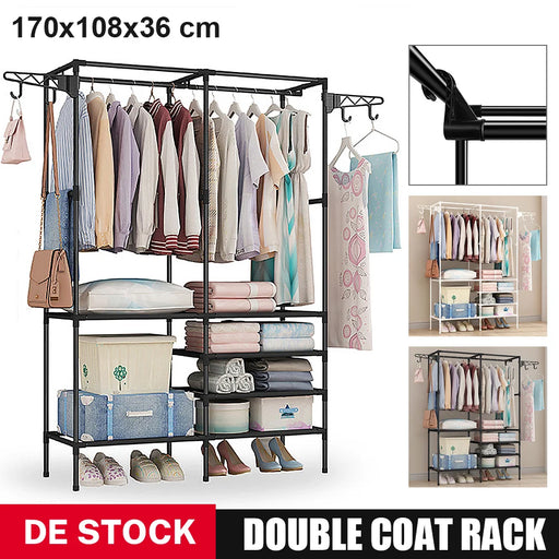 “Double-Rod Clothes Rack with Hooks”