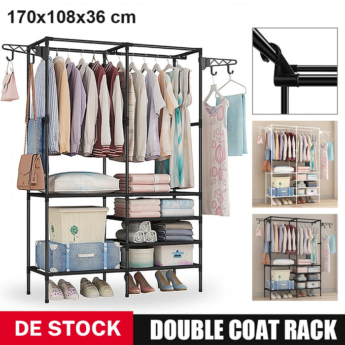 “Double-Rod Clothes Rack with Hooks”