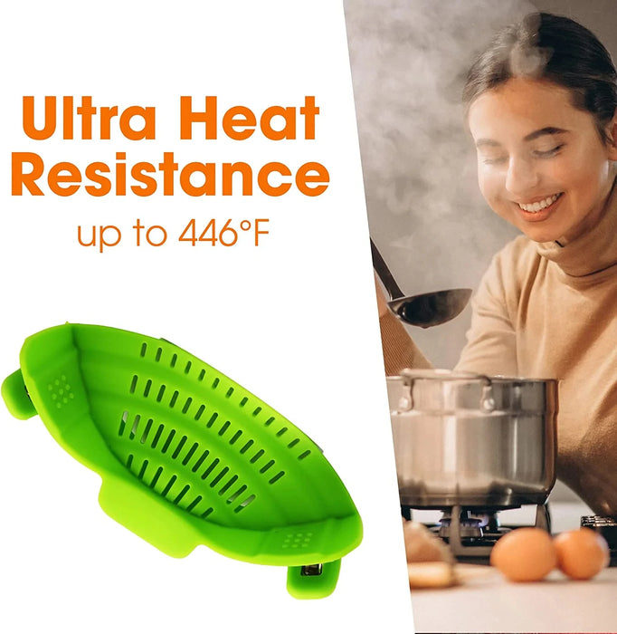 Multi-Purpose Clip-On Silicone Pot Strainer for Pasta, Noodles & Vegetables.