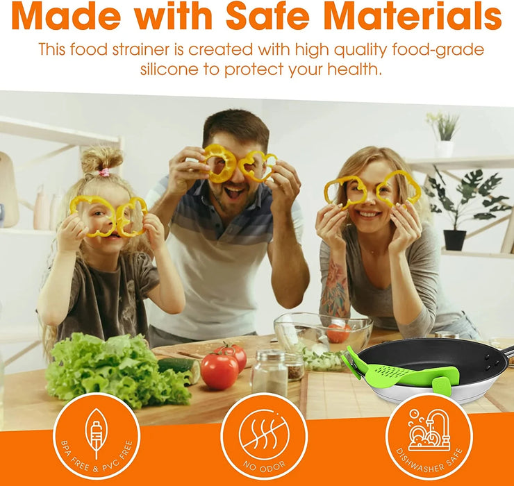 Multi-Purpose Clip-On Silicone Pot Strainer for Pasta, Noodles & Vegetables.