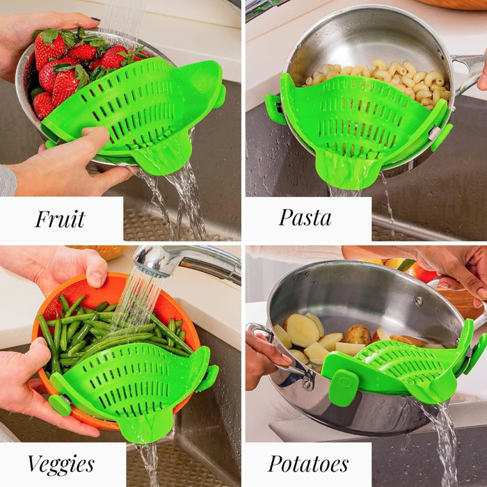 Multi-Purpose Clip-On Silicone Pot Strainer for Pasta, Noodles & Vegetables.