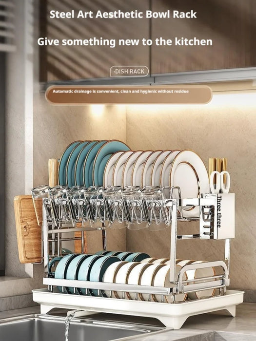 2 Tier Dish Drying Rack Bowl Drainer Holder Stand Shelf Kitchen Over Sink Drainer Utensil Holder Countertop Drain Rack Shelves