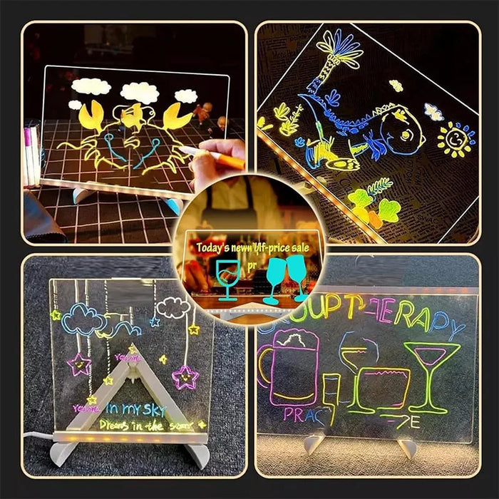 LED Acrylic Drawing Board DIY Erasable Luminous Writing Boards with Stand and 7Colors Pen USB Plug Message Board with NightLight