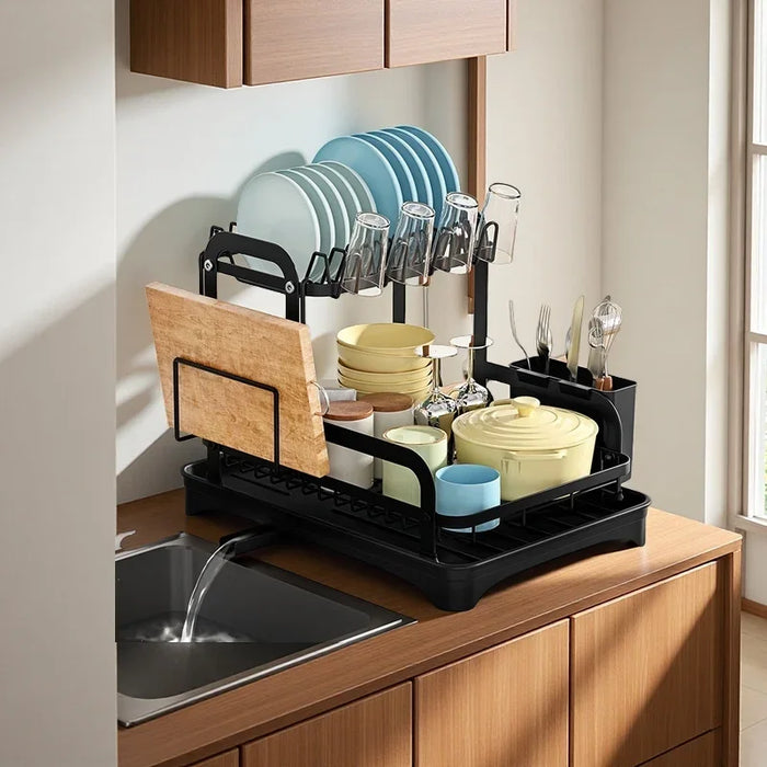 2 Tier Dish Drying Rack Black Kitchen Countertop Drainer with Drain Board Space Saving Storage Organizer