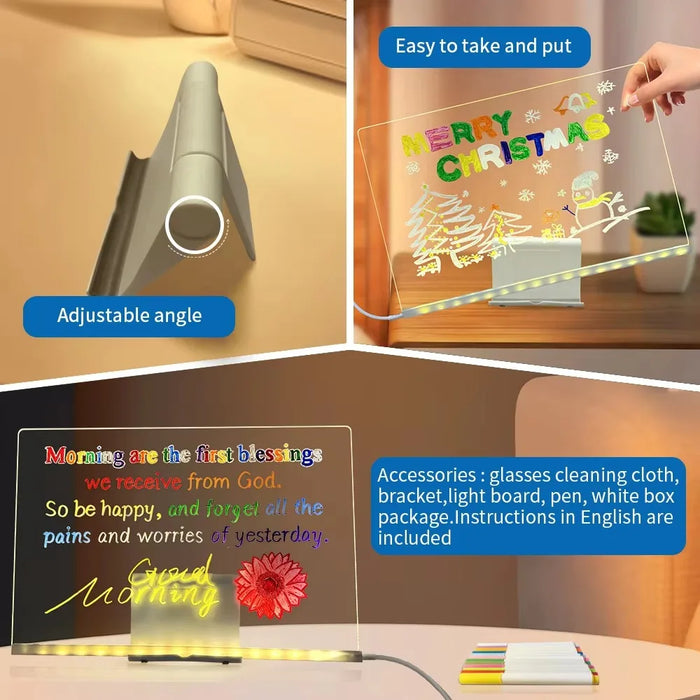LED Acrylic Drawing Board DIY Erasable Luminous Writing Boards with Stand and 7Colors Pen USB Plug Message Board with NightLight