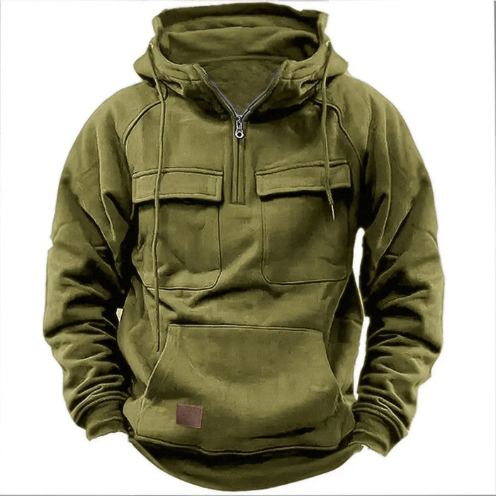 New autumn-winter men's hooded solid-color casual hoodie - fashionable young man's multi-pocket patch hoodie pullover shirt