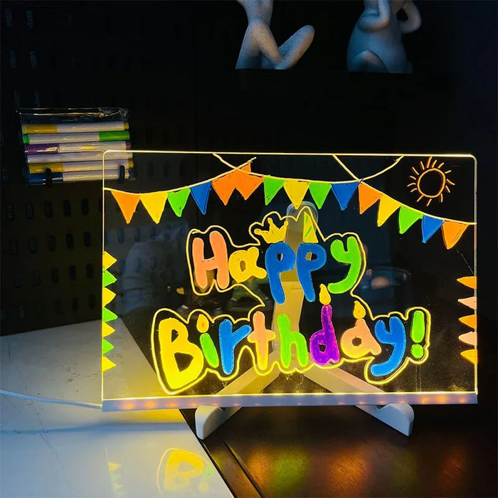 LED Acrylic Drawing Board DIY Erasable Luminous Writing Boards with Stand and 7Colors Pen USB Plug Message Board with NightLight