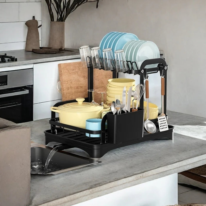2 Tier Dish Drying Rack Black Kitchen Countertop Drainer with Drain Board Space Saving Storage Organizer
