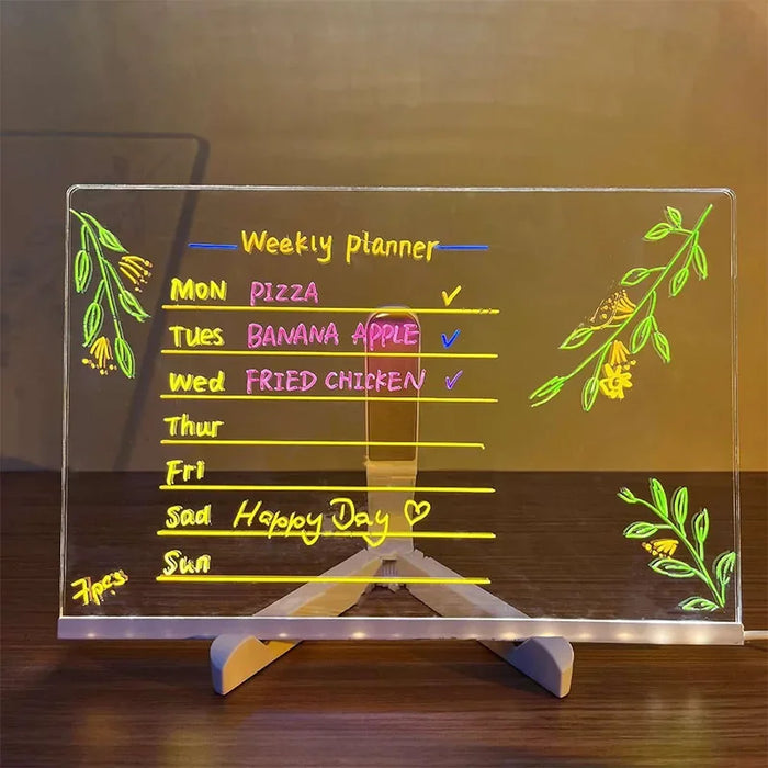 LED Acrylic Drawing Board DIY Erasable Luminous Writing Boards with Stand and 7Colors Pen USB Plug Message Board with NightLight