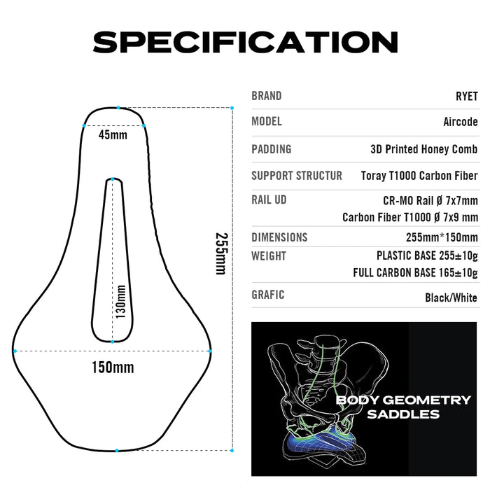 RYET 3D Printed Carbon Fiber Bike Saddle – Ultralight, Comfortable & Breathable