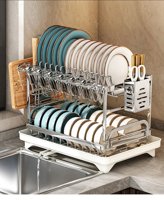 2 Tier Dish Drying Rack Bowl Drainer Holder Stand Shelf Kitchen Over Sink Drainer Utensil Holder Countertop Drain Rack Shelves
