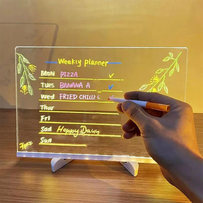LED Acrylic Drawing Board DIY Erasable Luminous Writing Boards with Stand and 7Colors Pen USB Plug Message Board with NightLight