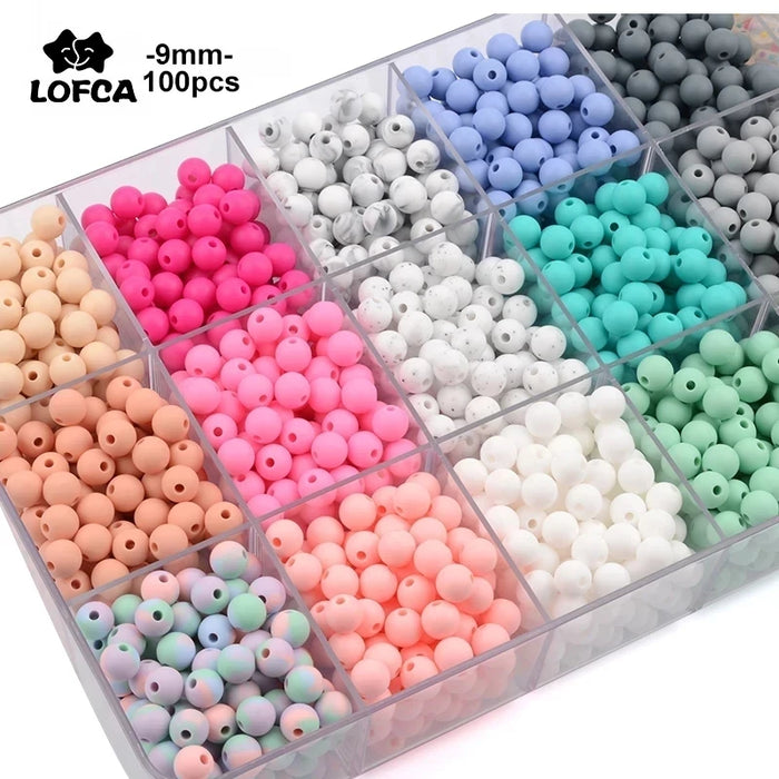 LOFCA 100pcs Premium 9mm Silicone Teething Beads – BPA-Free Food Grade DIY Beads