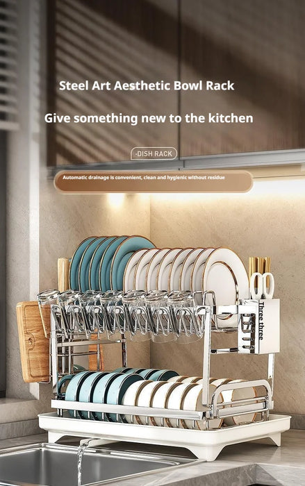 2 Tier Dish Drying Rack Bowl Drainer Holder Stand Shelf Kitchen Over Sink Drainer Utensil Holder Countertop Drain Rack Shelves