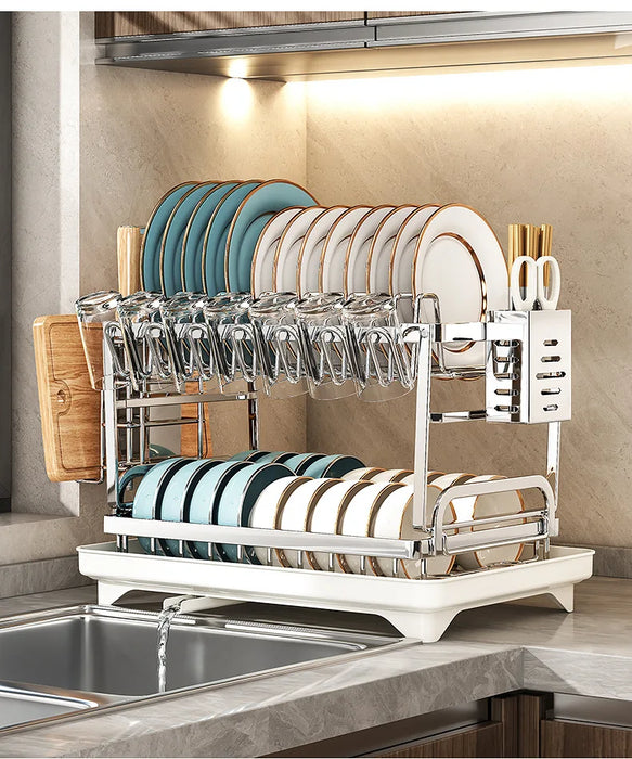 2 Tier Dish Drying Rack Bowl Drainer Holder Stand Shelf Kitchen Over Sink Drainer Utensil Holder Countertop Drain Rack Shelves
