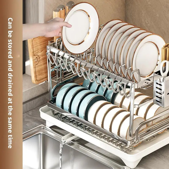 2 Tier Dish Drying Rack Bowl Drainer Holder Stand Shelf Kitchen Over Sink Drainer Utensil Holder Countertop Drain Rack Shelves