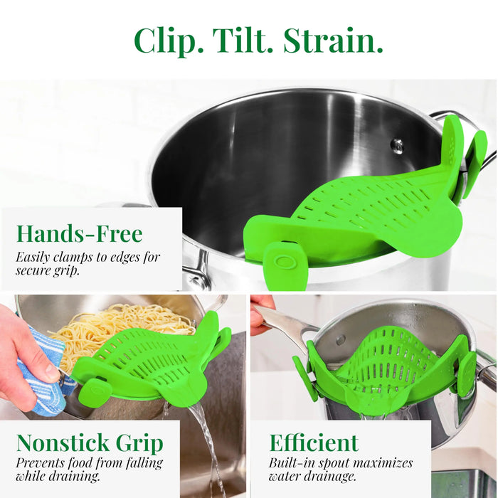 Multi-Purpose Clip-On Silicone Pot Strainer for Pasta, Noodles & Vegetables.