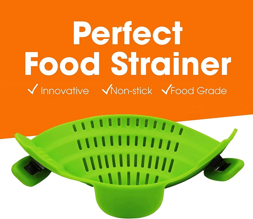 Multi-Purpose Clip-On Silicone Pot Strainer for Pasta, Noodles & Vegetables.