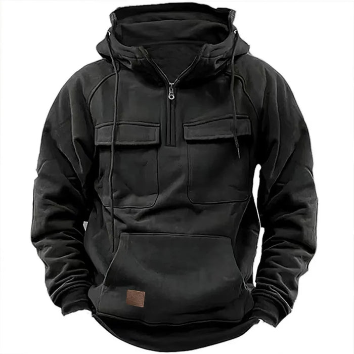 New autumn-winter men's hooded solid-color casual hoodie - fashionable young man's multi-pocket patch hoodie pullover shirt