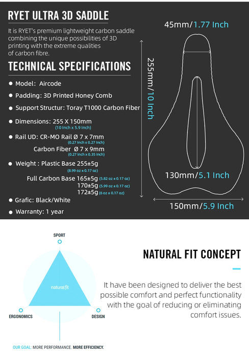 RYET 3D Printed Carbon Fiber Bike Saddle – Ultralight, Comfortable & Breathable